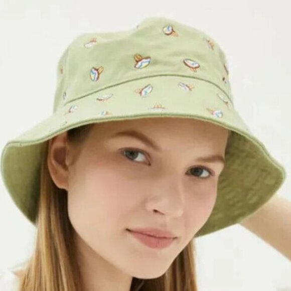 New Urban Outfitters Women One Size Bucket Hat Mushroom Embroidered Boho Green - Picture 2 of 8